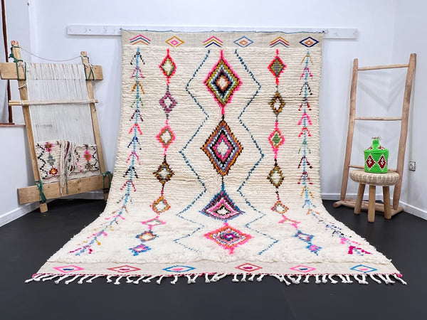  Custom size white Moroccan wool rug with handwoven multicolor diamond pattern