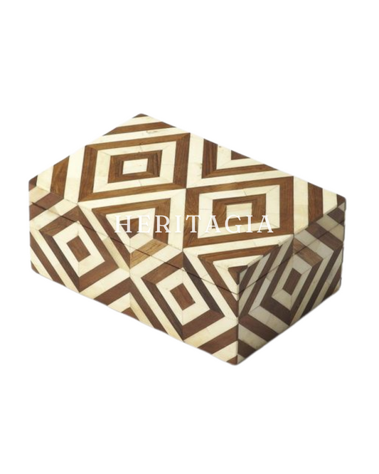 Diamond Pattern Bone Inlay Box handmade in brown and ivory for luxury storage 