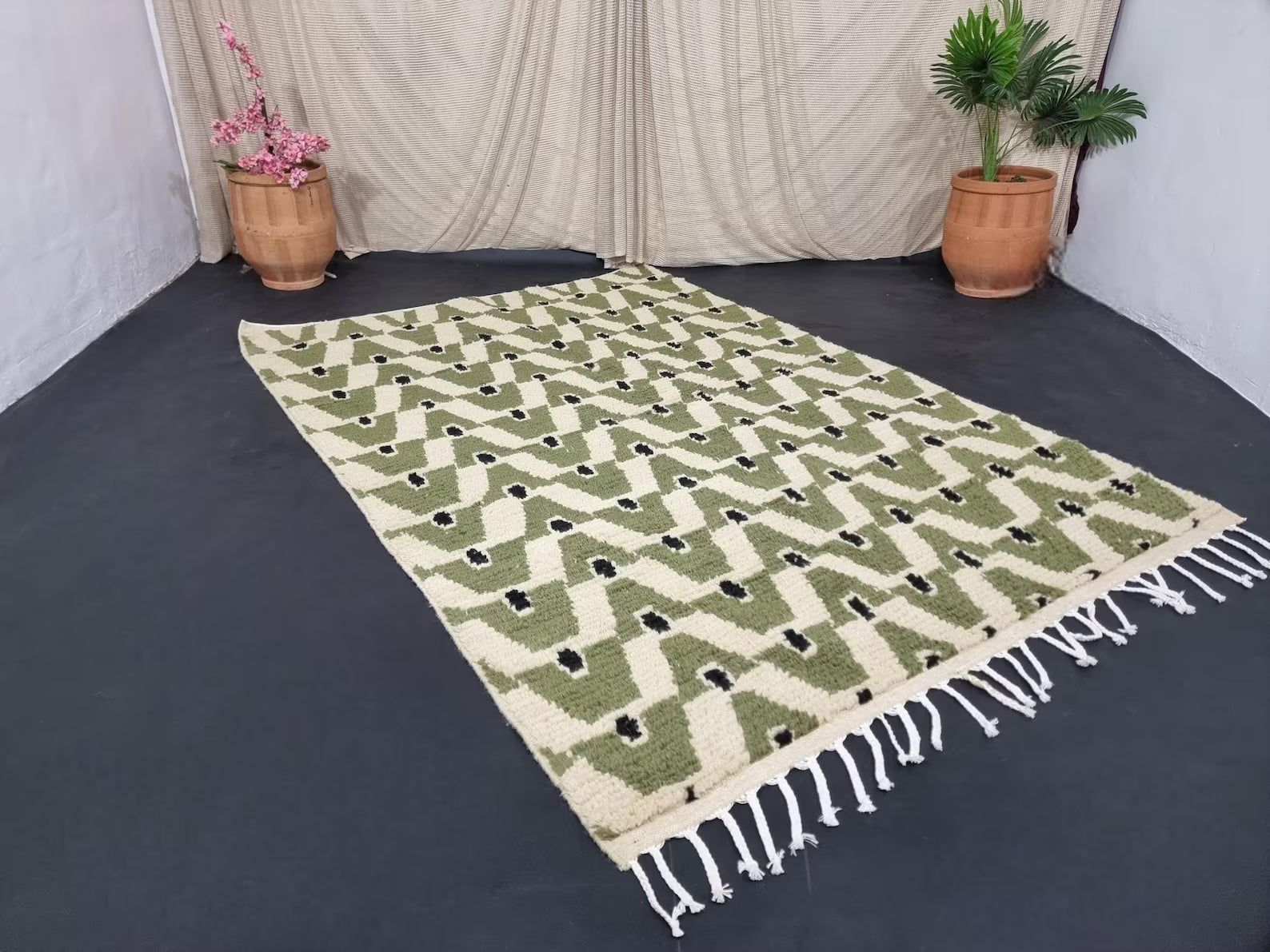 Emerald green geometric Moroccan rug with plush wool texture