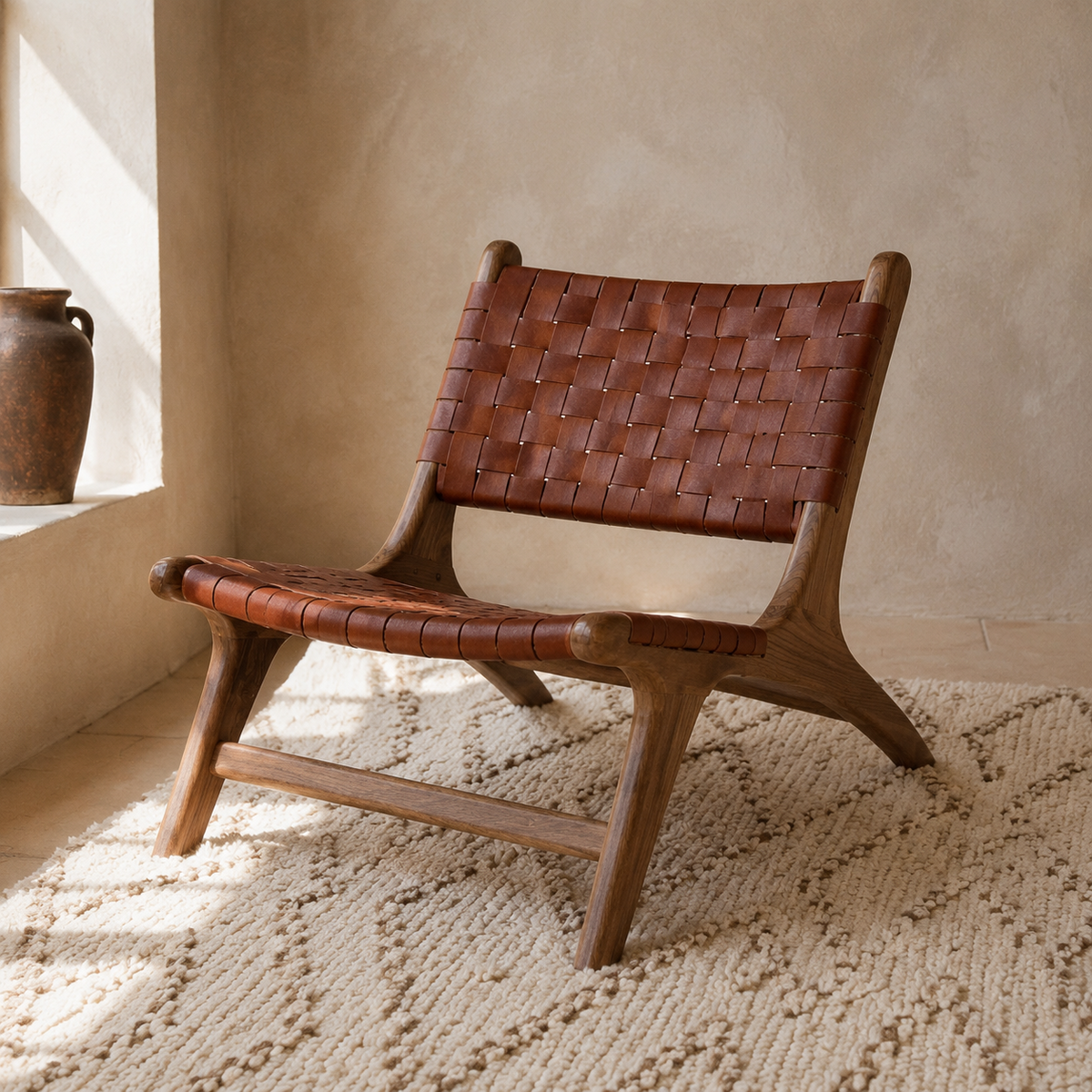Saddle Cognac Chair, cognac woven leather and wood