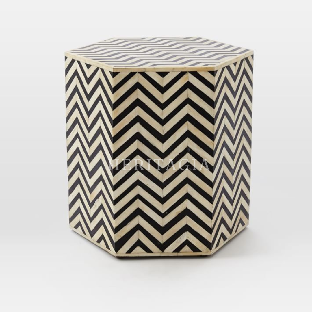 Geometric bone inlay end table with bold chevron design