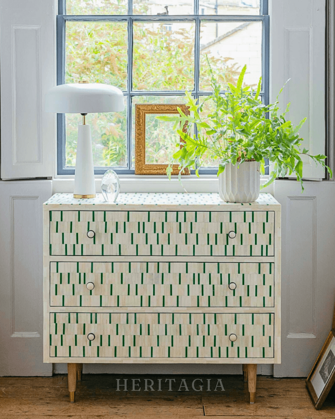Green striped bone inlay storage cabinet with three spacious drawers