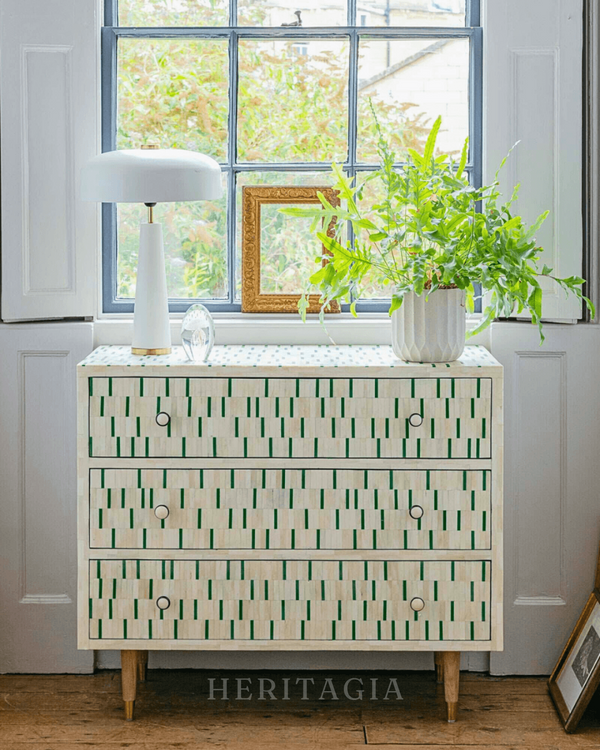 Green striped bone inlay storage cabinet with three spacious drawers