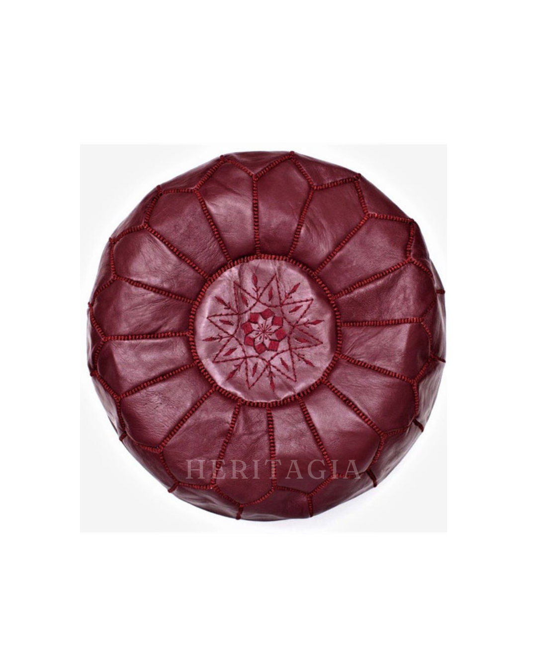 Hand stitched Moroccan leather pouf embroidered by a master leather artisan 