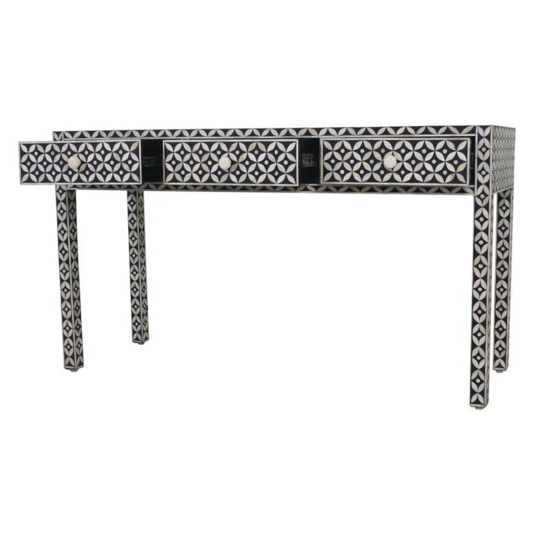 Handcrafted floral inlay console table with luxury black and white finish