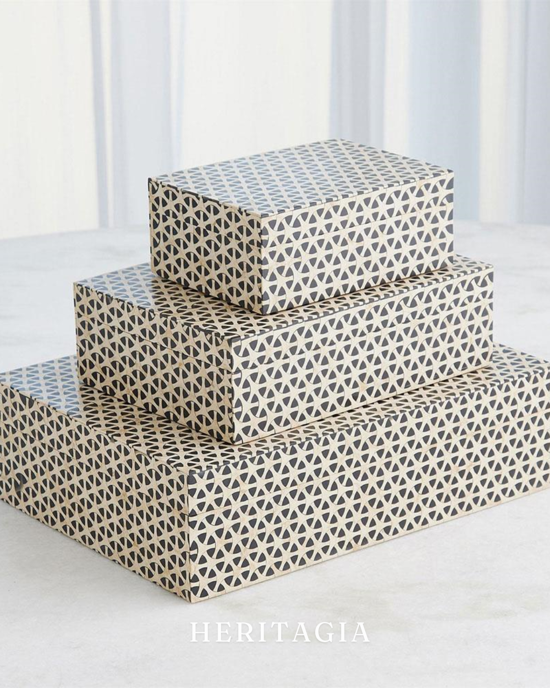 Handcrafted storage boxes in black and white geometric design