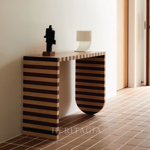 Handcrafted striped inlay console table with curved wood legs