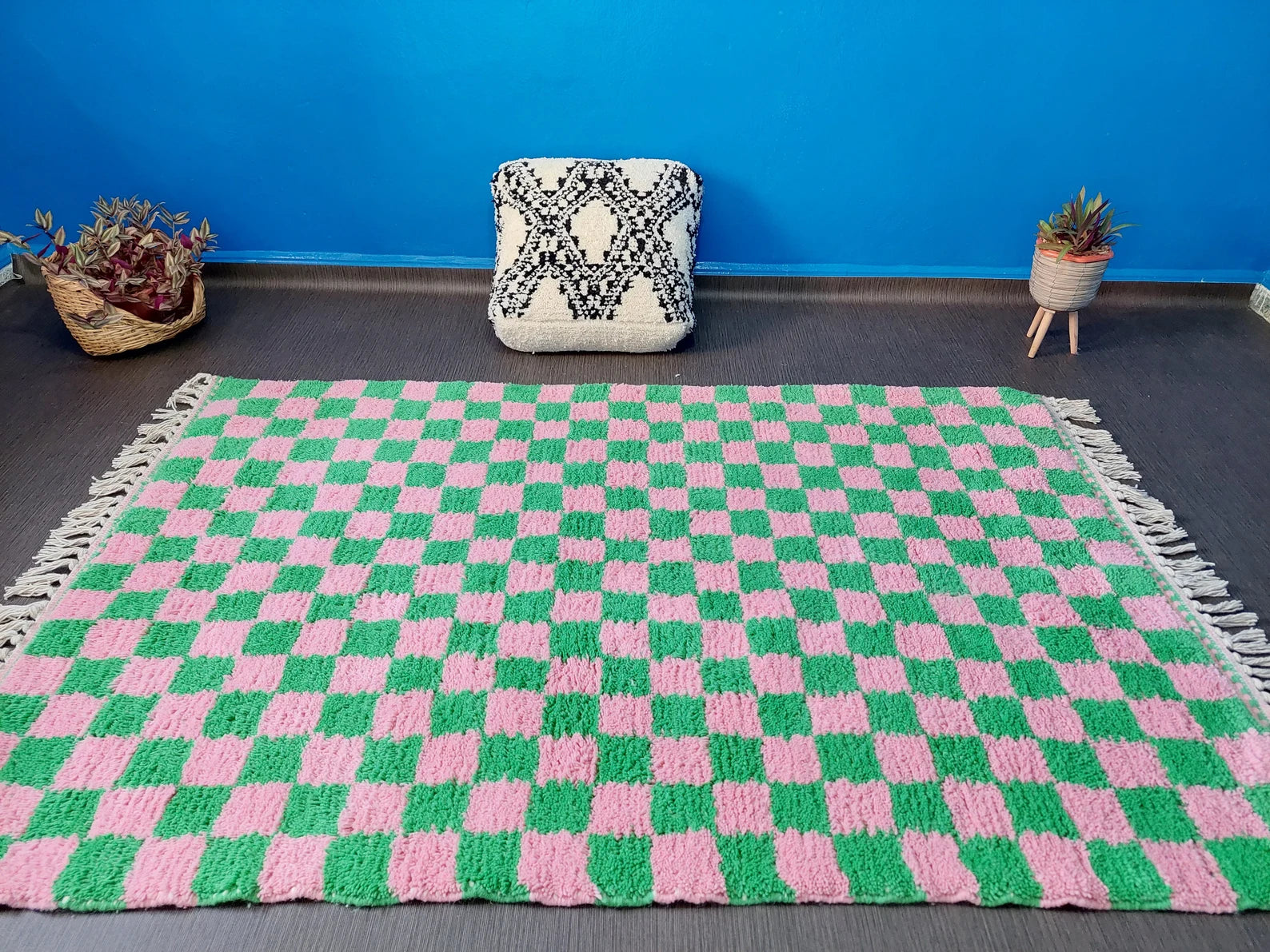 Handmade Berber rug in pink and green with thick plush wool pile 