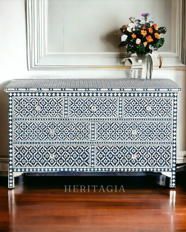 Handmade bone inlay 7-drawer chest dresser with Moroccan geometric pattern