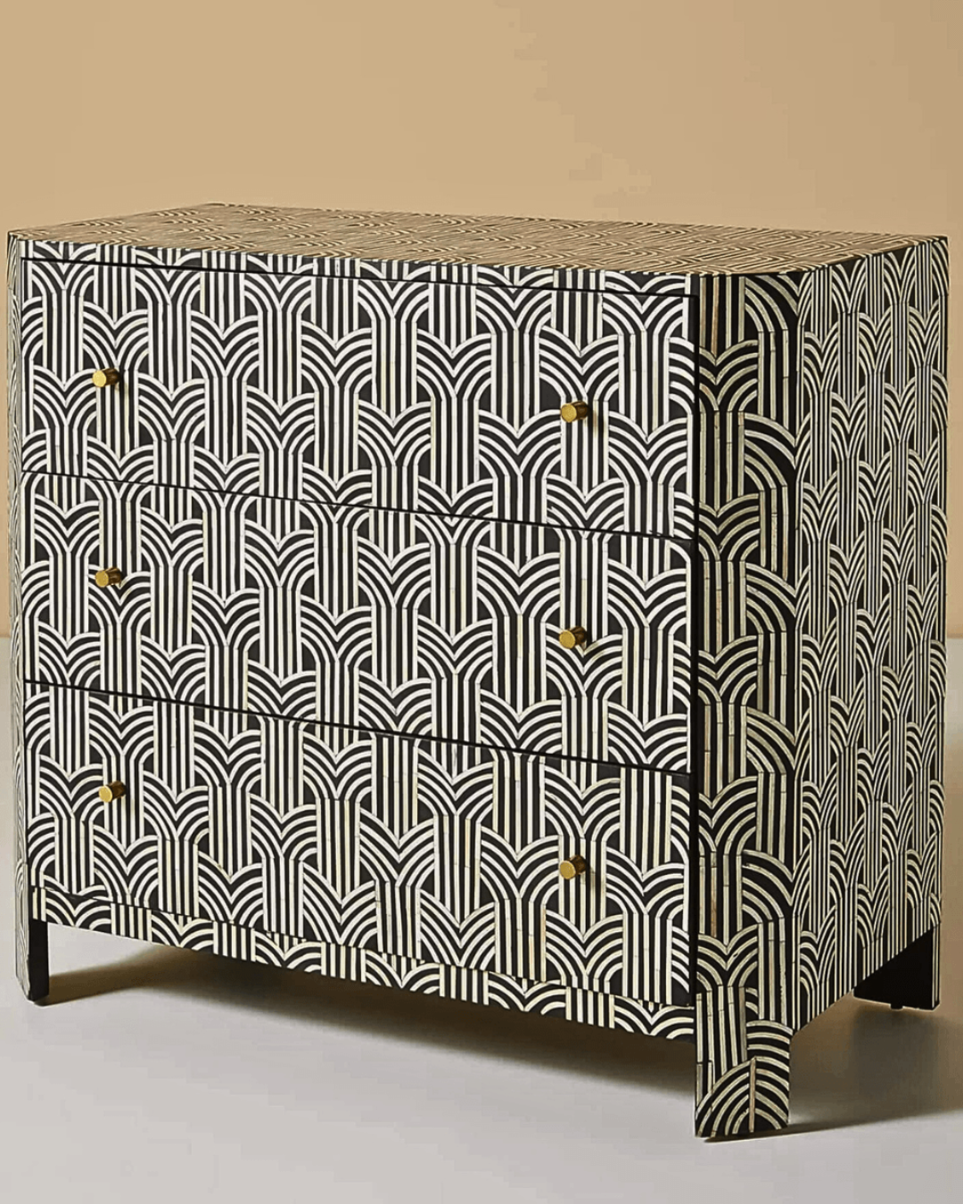 Handmade bone inlay chest with three spacious drawers