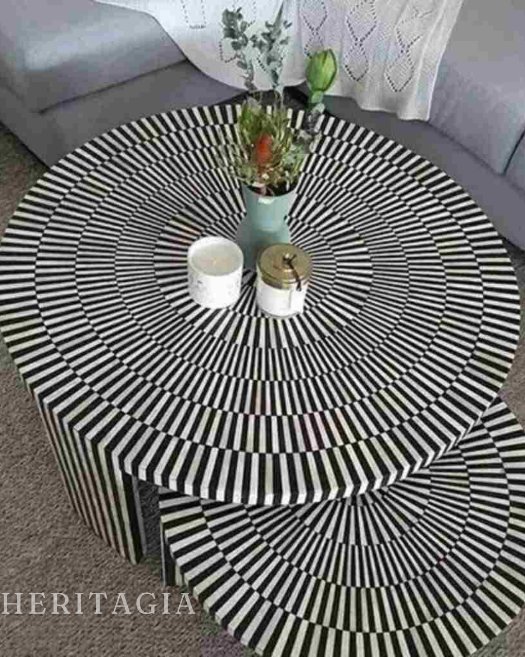 Handmade bone inlay coffee table set with Moroccan artisan style 