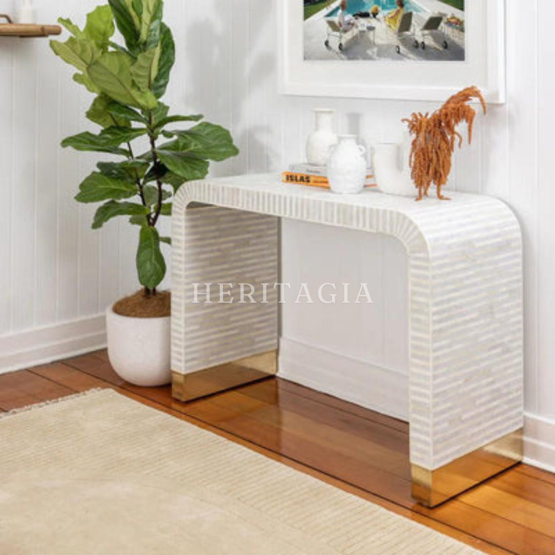 Handmade bone inlay console table in beige and white finish