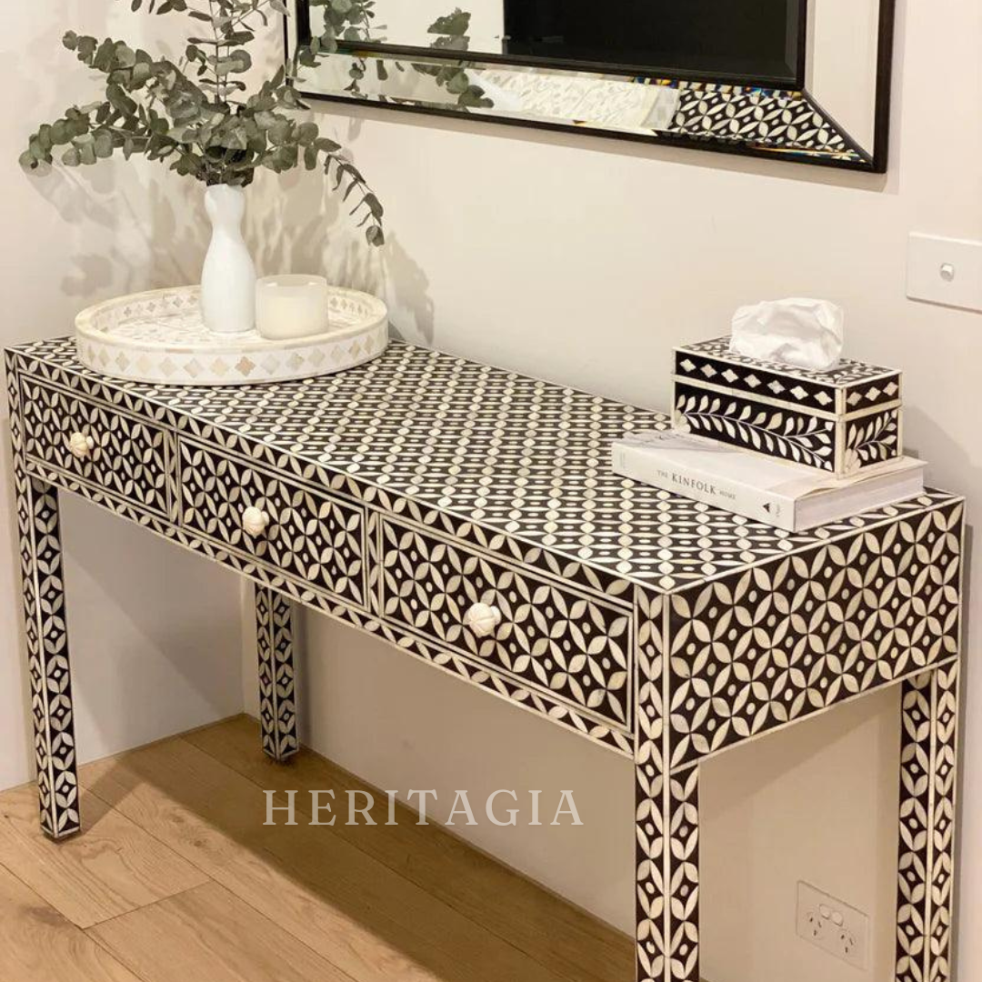 Handmade bone inlay console table in black and white floral design