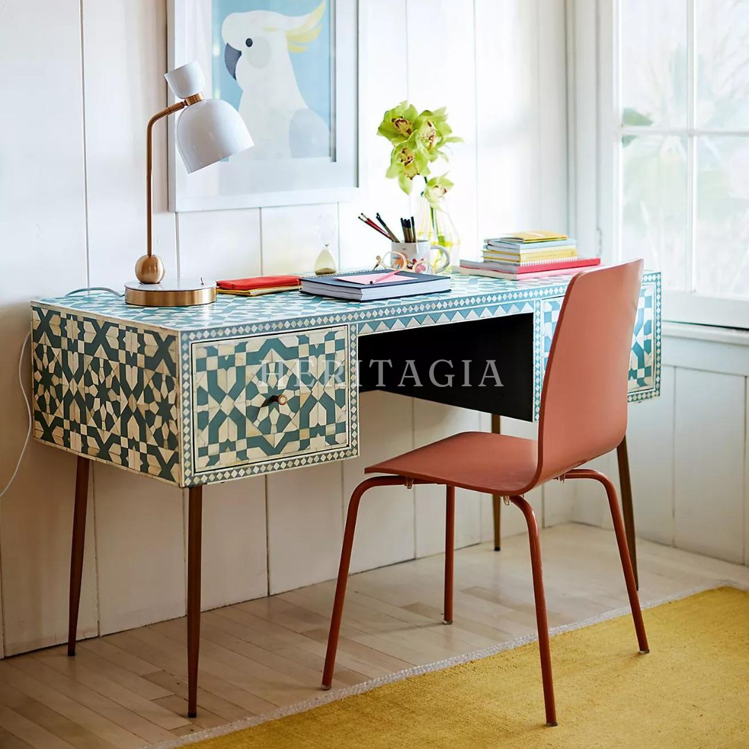  Handmade bone inlay console table with floral artisan pattern