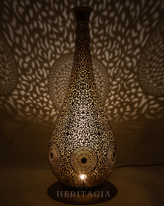 Handmade brass floor lamp 85cm high with intricate Moroccan pierced detailing 