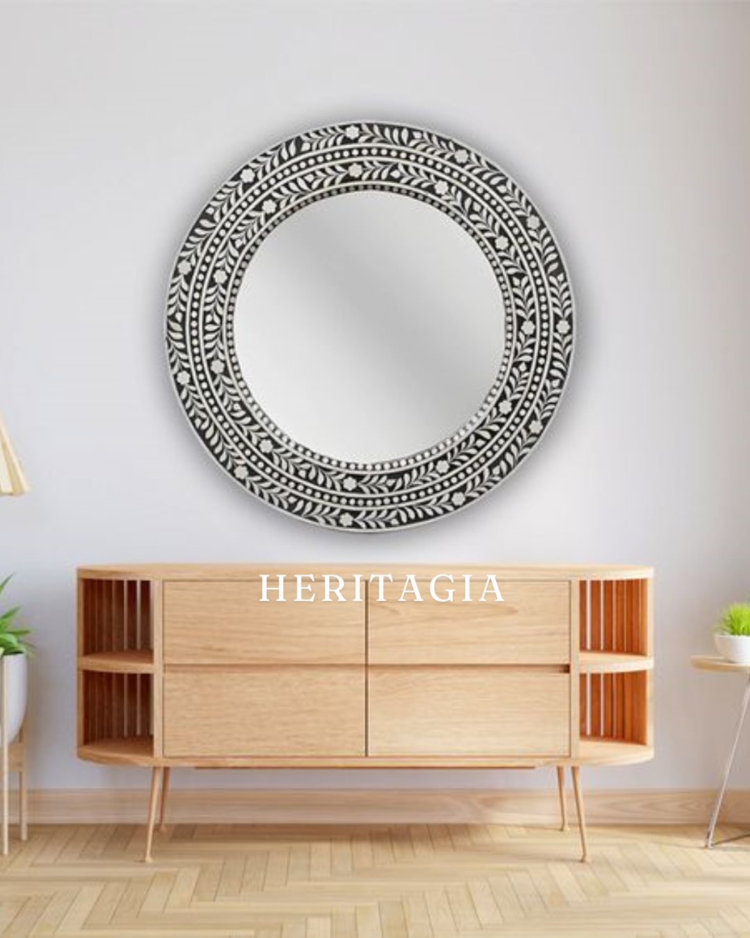 Handmade floral bone inlay round wall mirror with intricate black and white artisan pattern