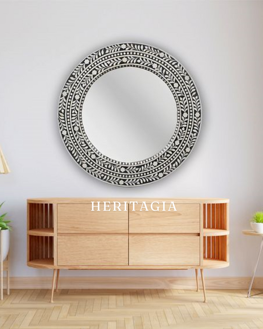 Handmade floral bone inlay round wall mirror with intricate black and white artisan pattern