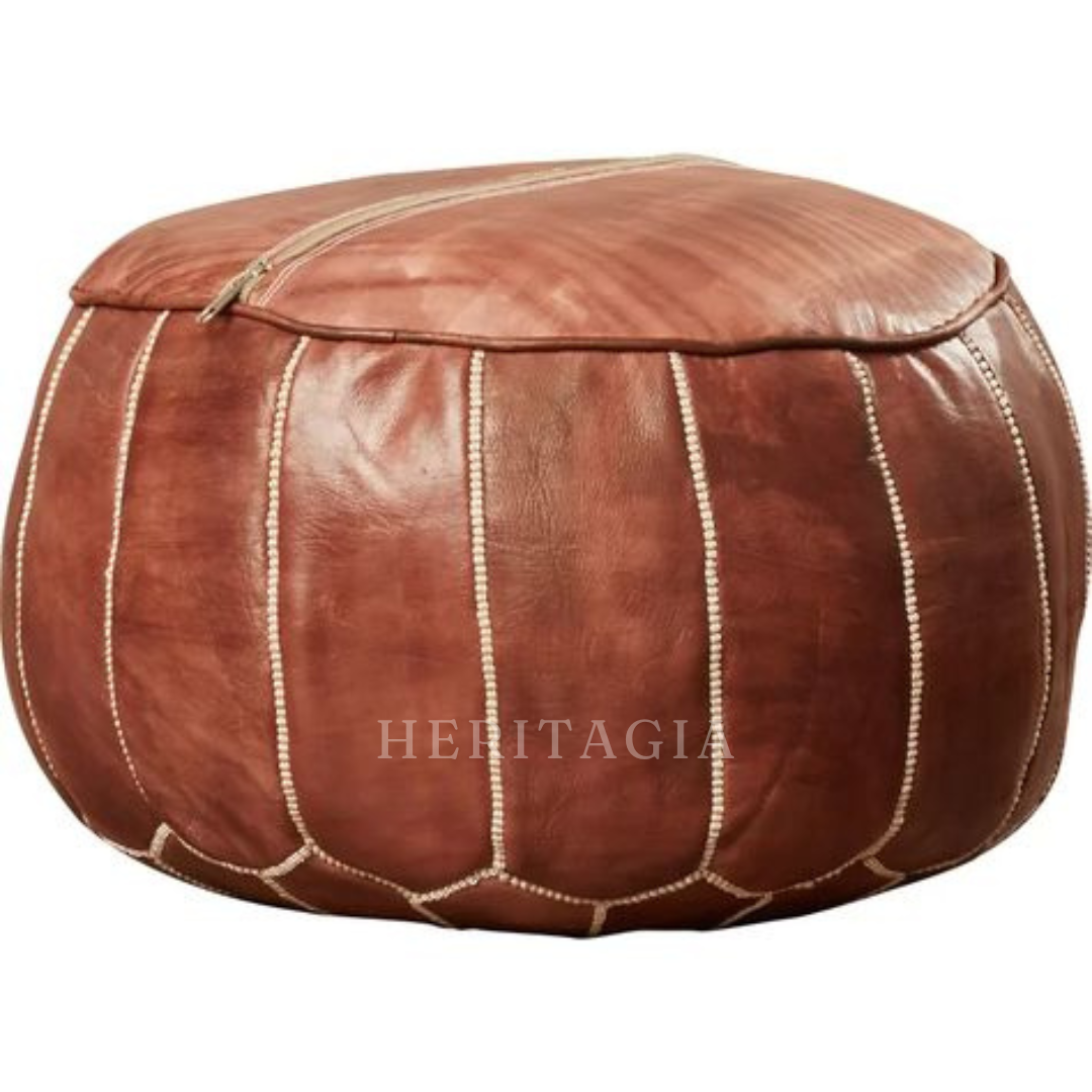 Handmade goat leather pouf crafted by a Moroccan artist with artisan detail