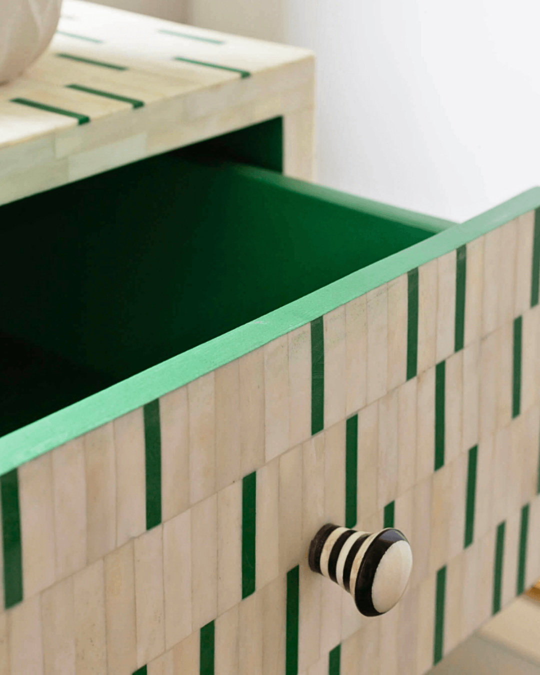Handmade green bone inlay cabinet crafted from mango wood