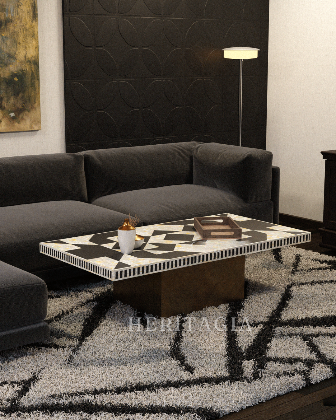 Handmade inlay rectangular table with Moroccan geometric pattern