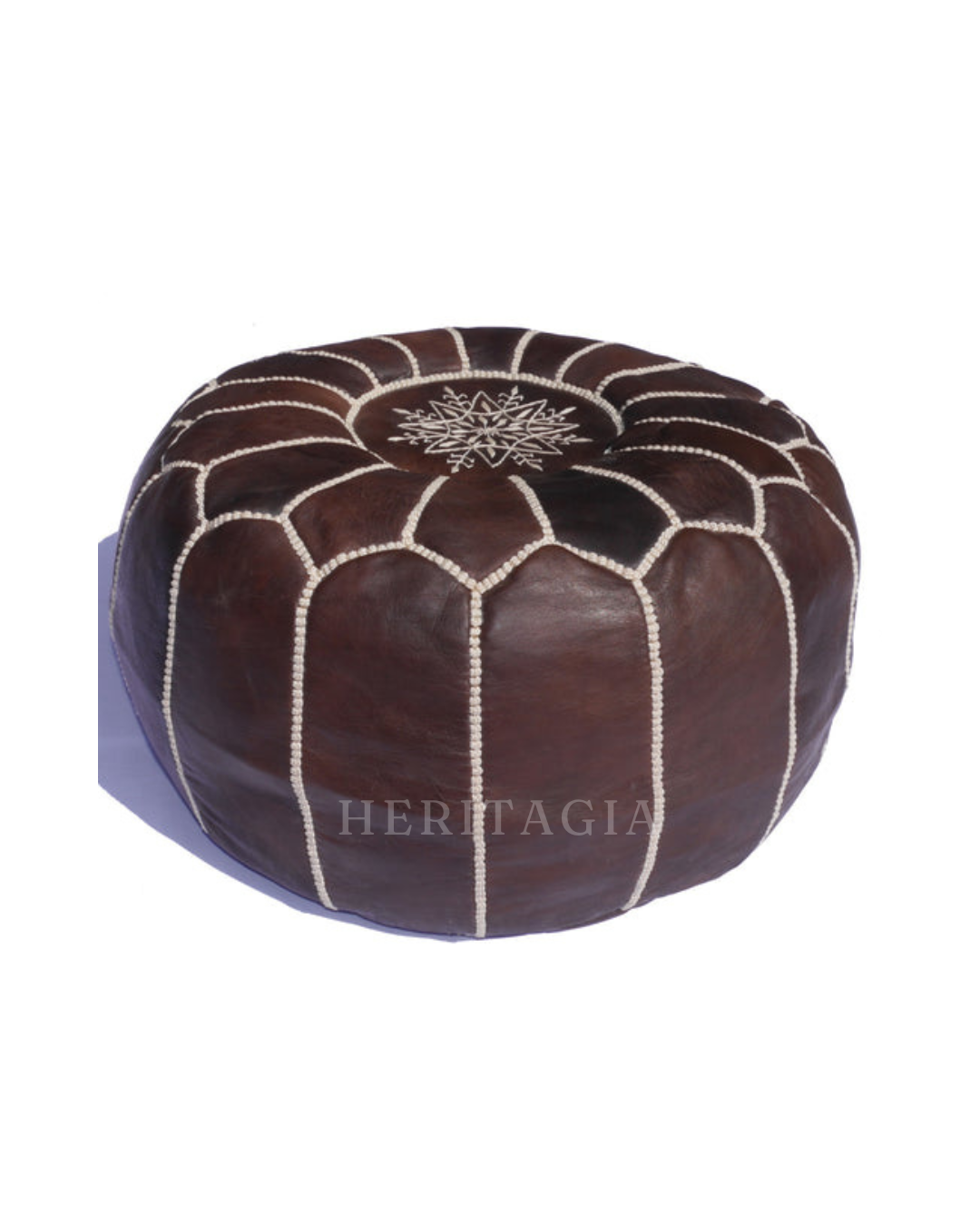 Handmade leather pouf ottoman in rich chocolate brown with traditional stitched design