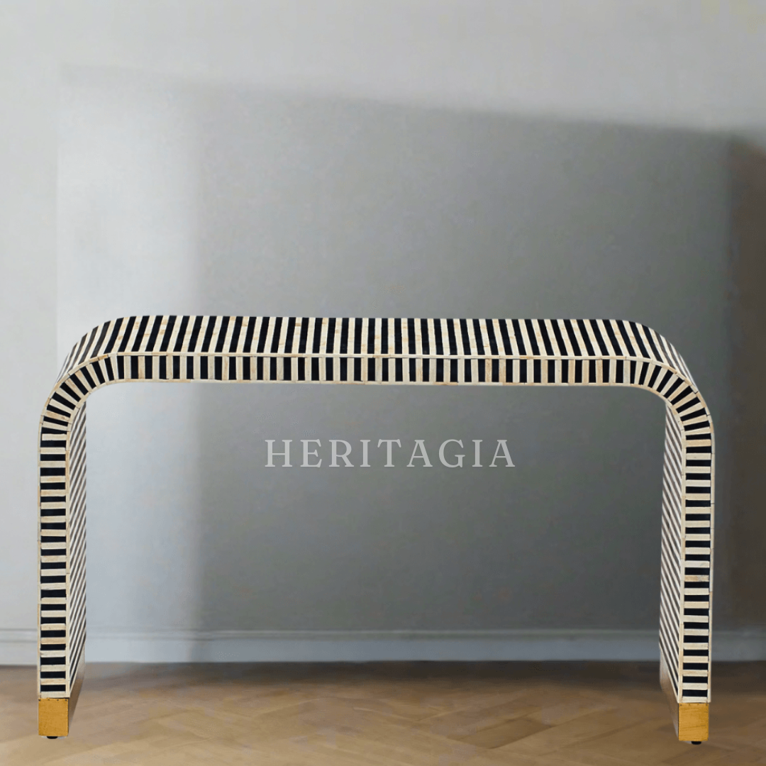 Handmade Moroccan bone inlay console table with striped pattern