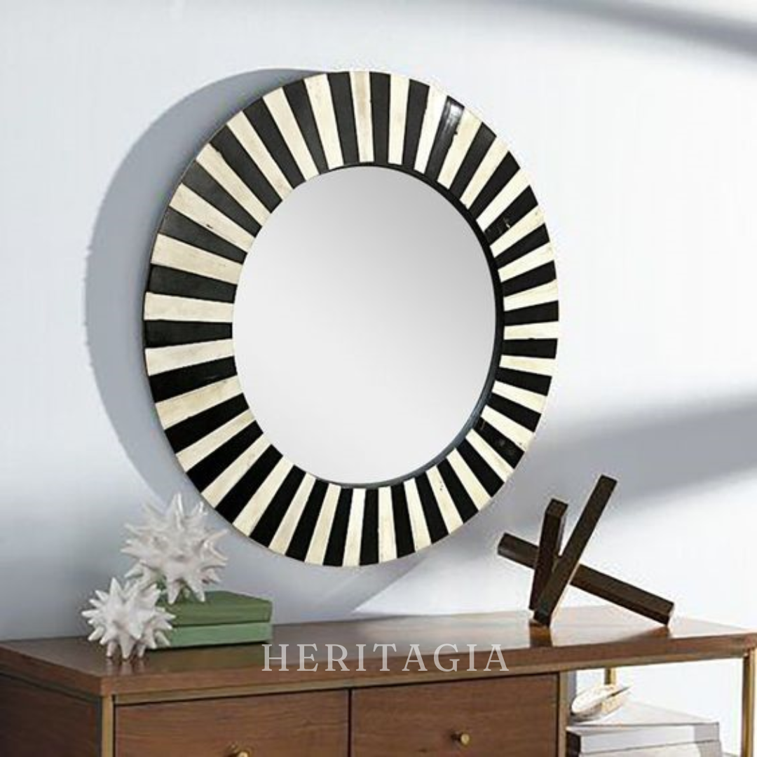Handmade striped bone inlay round wall mirror in black and natural tones 