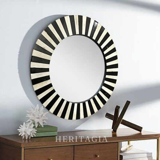 Handmade striped bone inlay round wall mirror in black and natural tones 