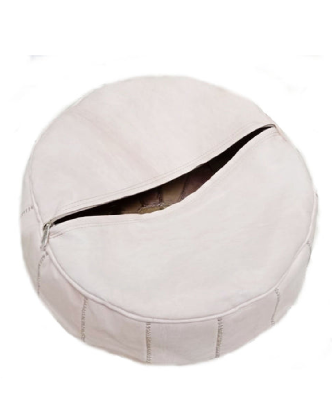 Handmade white goat leather pouf crafted by a Moroccan artist