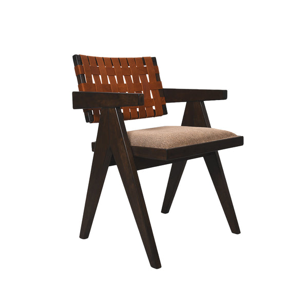 Handmade woven leather armchair with dark wood frame and cushioned seat 