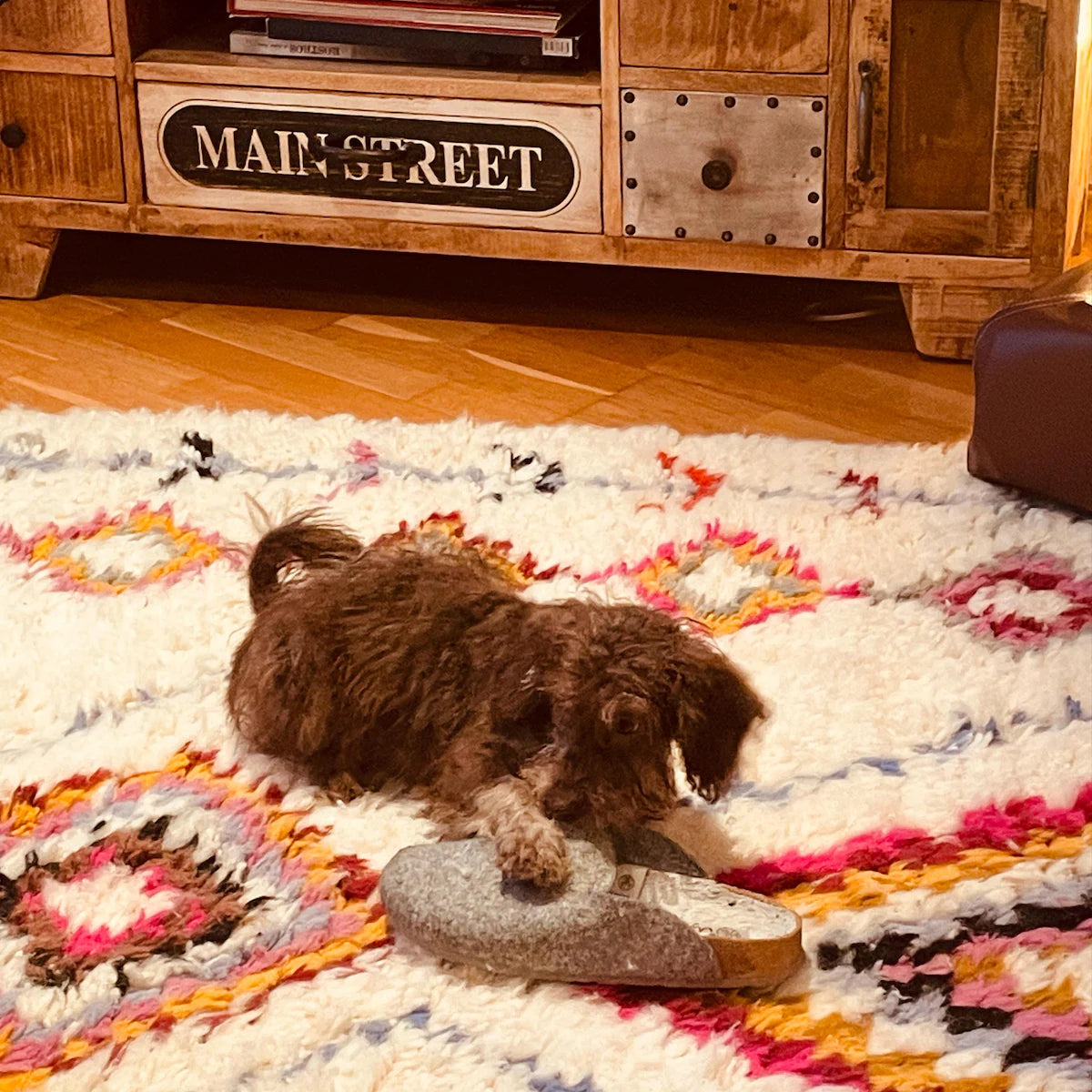 Handwoven Berber rug in soft white wool with multicolor diamond details