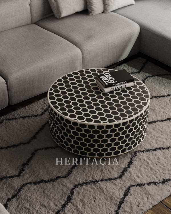 Honeycomb bone inlay round table in black and natural bone finish