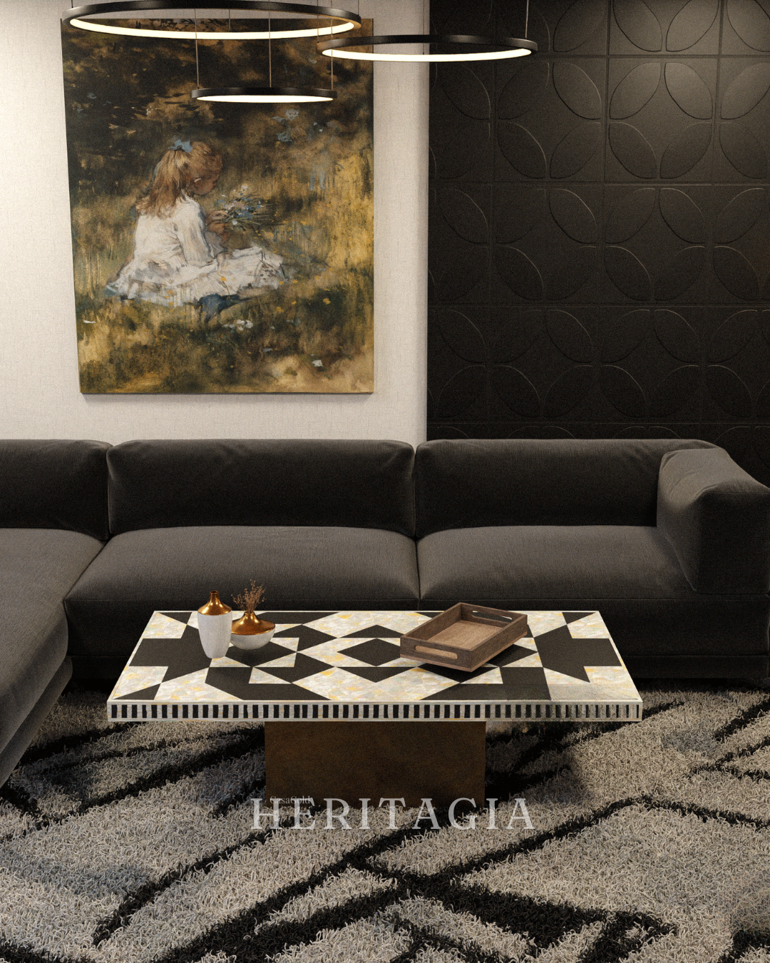 Inlay Polygon Rectangular Coffee Table with handcrafted geometric pattern