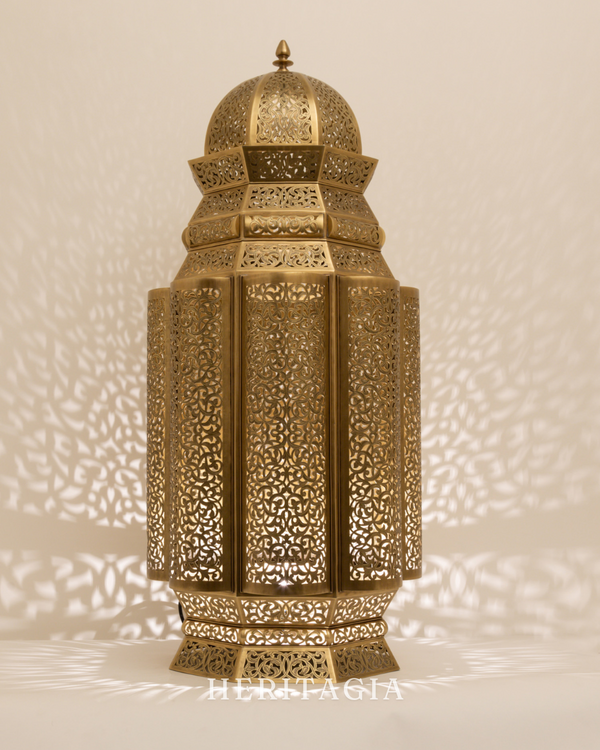 Intricate Floor Brass Lantern with Moroccan cutwork design for luxury home decor 