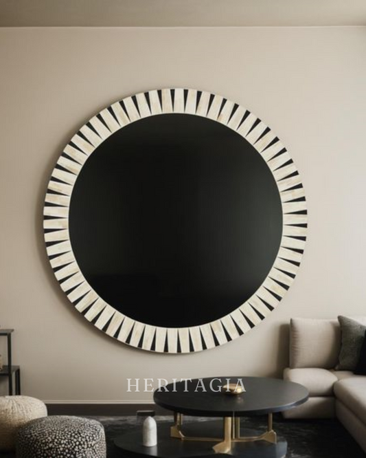 Ivory Bone and Black Moroccan Round Mirror with 41.75 inch decorative frame