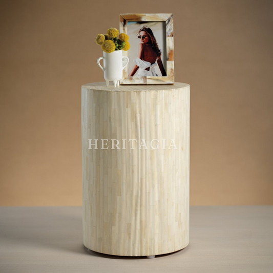 Ivory bone inlay cylinder side table with soft luxury finish