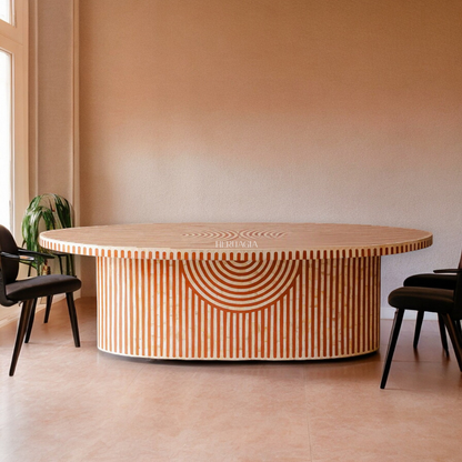 Large bone inlay oval dining table made with hardwood and resin for luxury dining rooms 