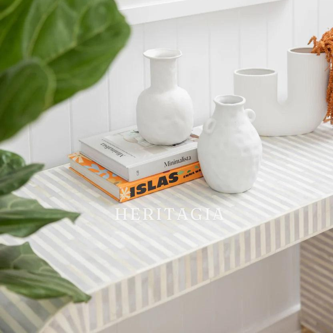Luxury bone inlay console table with metal base detail