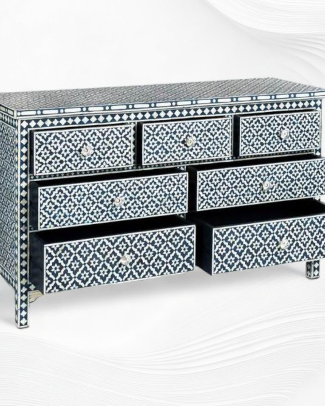 Luxury bone inlay dresser styled in a living room with artisan details