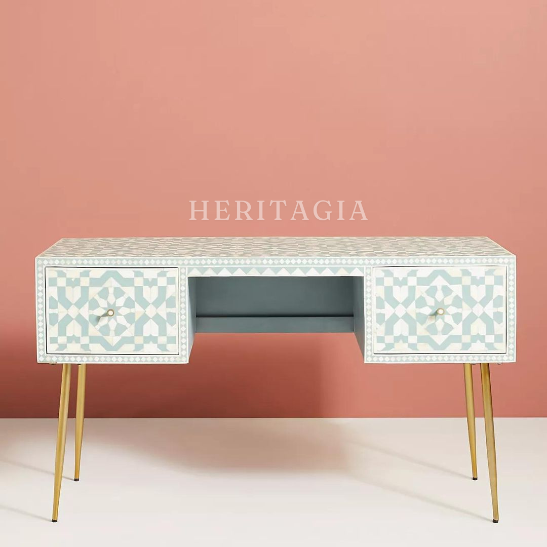  Luxury bone inlay console table with elegant metal legs