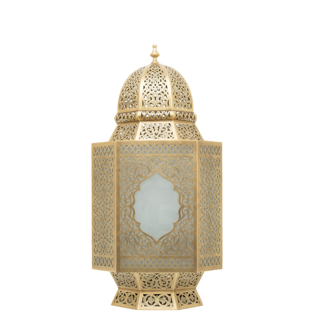 Luxury Moroccan Brass Glass Lantern with detailed artisan cutwork