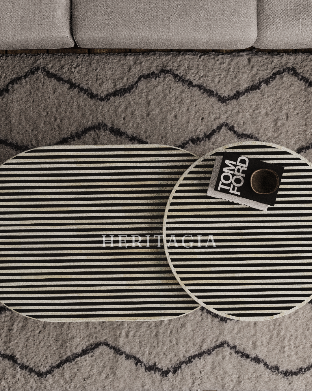 Luxury black nesting coffee table set with handcrafted bone inlay