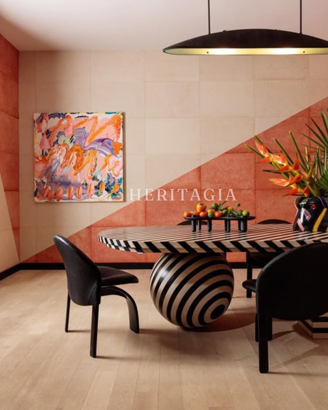Modern wooden dining table with marble and wood base detail