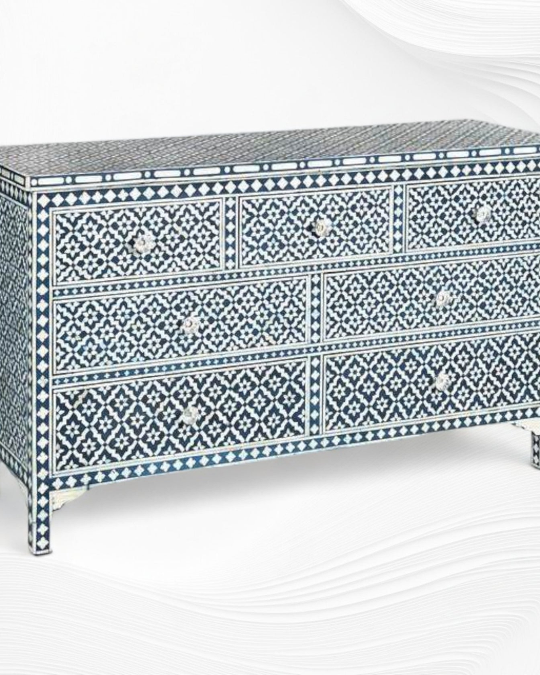 Moroccan bone inlay chest of drawers made with mango wood and resin