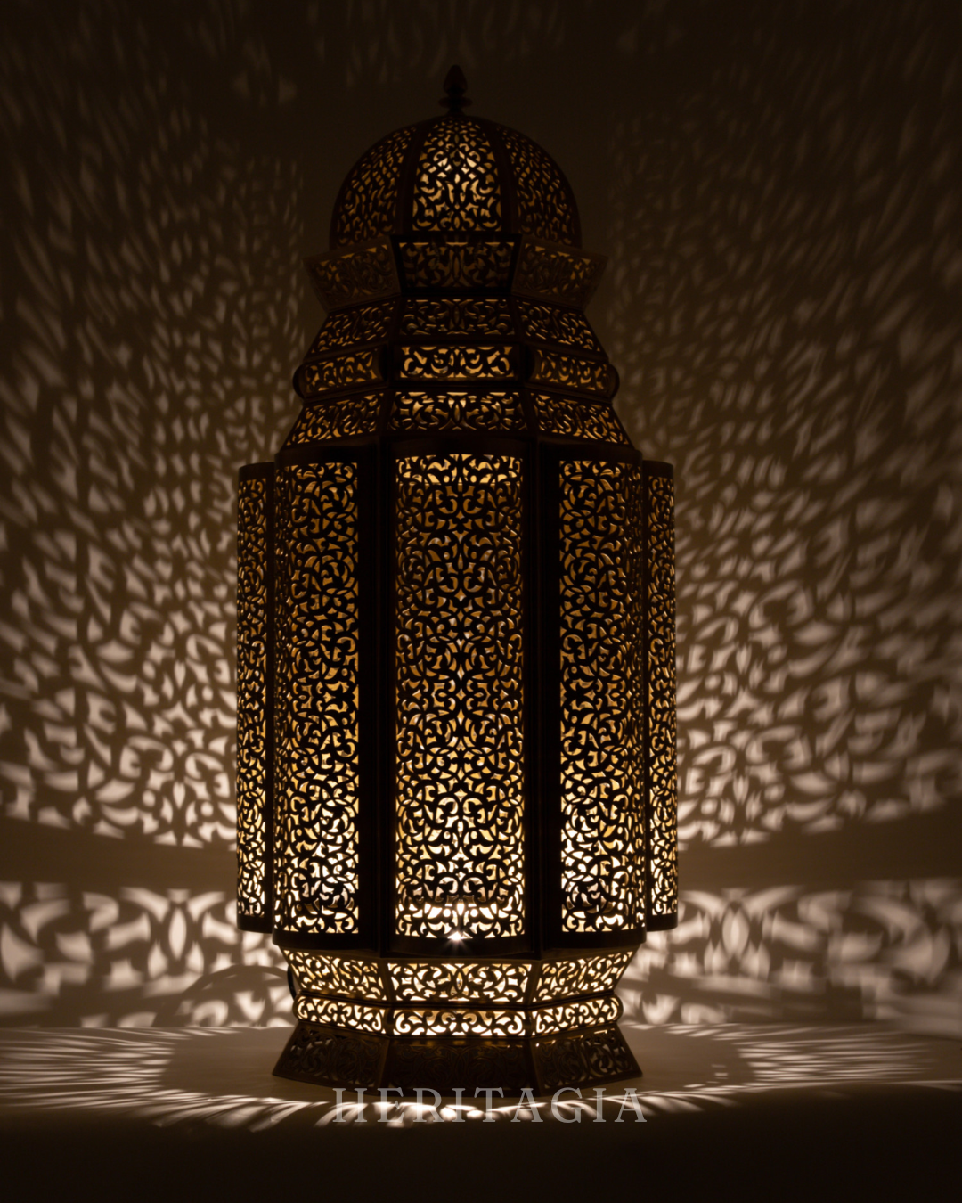 Moroccan brass floor lantern with handcrafted artisan detailing 