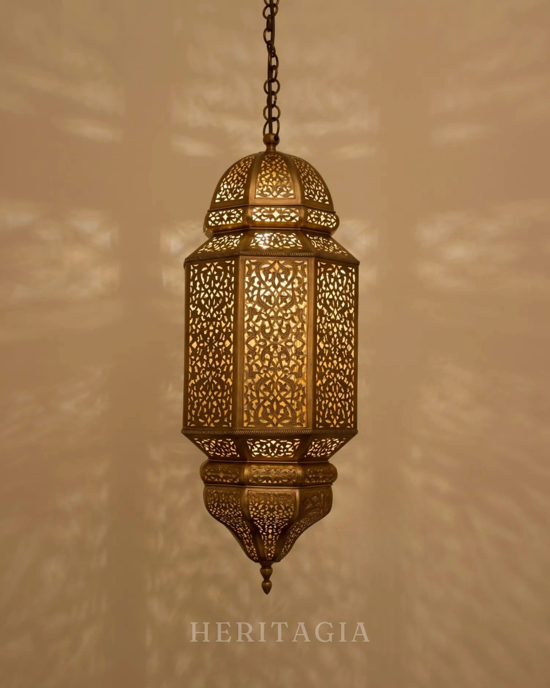 Moroccan Ceiling Pendant Lamp with golden filigree metalwork and hanging chain 