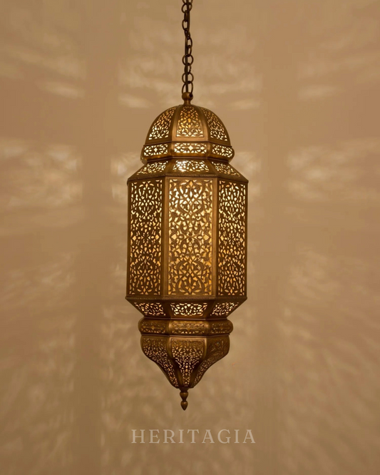 Moroccan Ceiling Pendant Lamp with golden filigree metalwork and hanging chain 