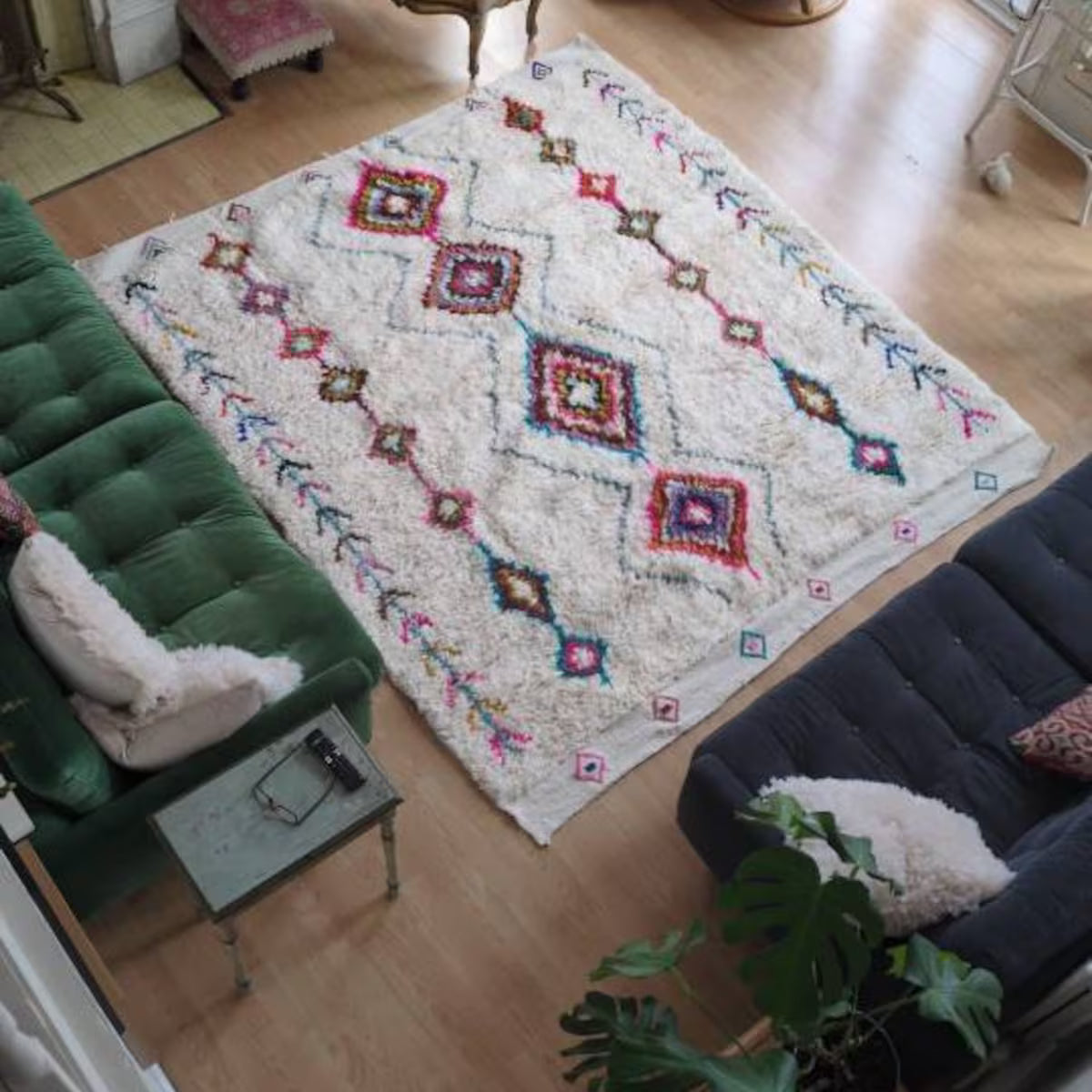Moroccan white wool rug with colorful diamond patterns for living room decor
