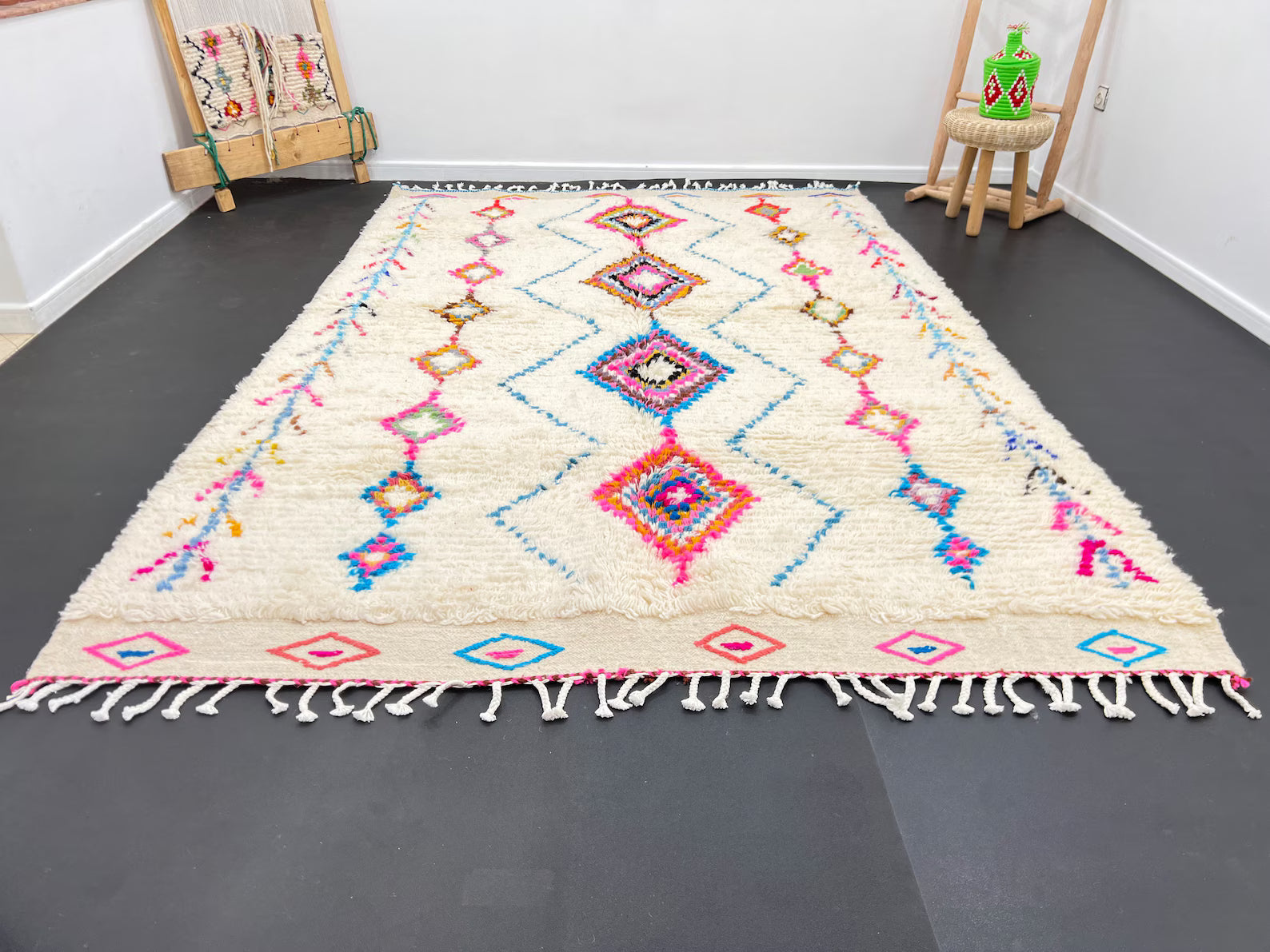 Multicolor Berber rug adding warmth and handmade charm to living room