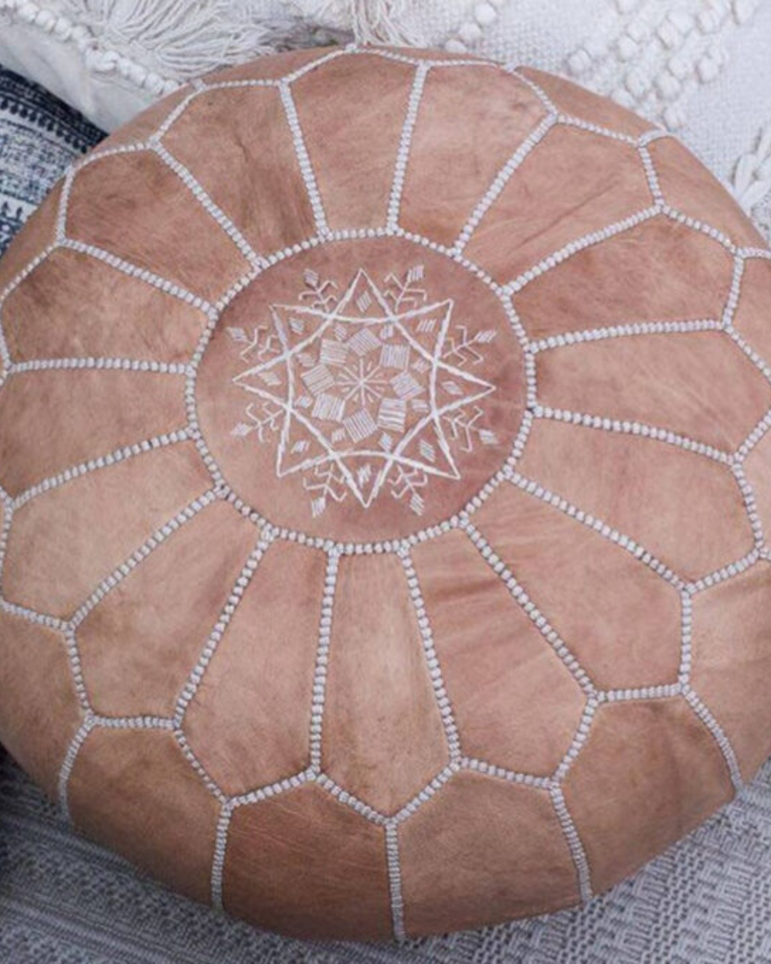Natural tan Moroccan leather pouf handmade from full grain lambskin leather 